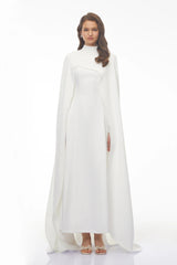 Antonina White Cape Maxi Gown with Long Sleeves
