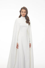 Antonina White Cape Maxi Gown with Long Sleeves