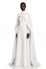 Antonina White Cape Maxi Gown with Long Sleeves