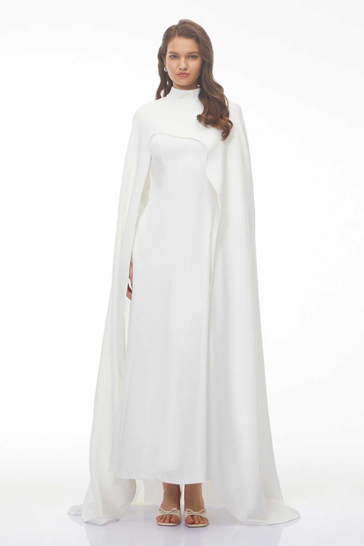 Antonina White Cape Maxi Gown with Long Sleeves