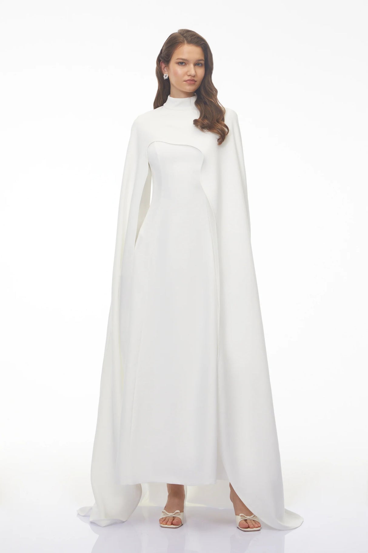 Antonina White Cape Maxi Gown with Long Sleeves
