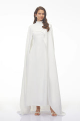 Antonina White Cape Maxi Gown with Long Sleeves