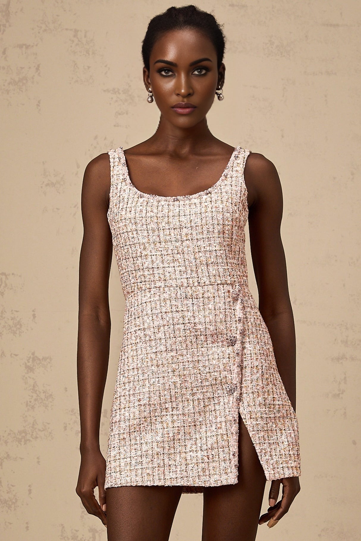 Aoife pink embellished tweed mini dress