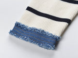April Cardigan Cropped Striped Top - Relaxed Boxy Fit with Denim Accents and Frayed Edges