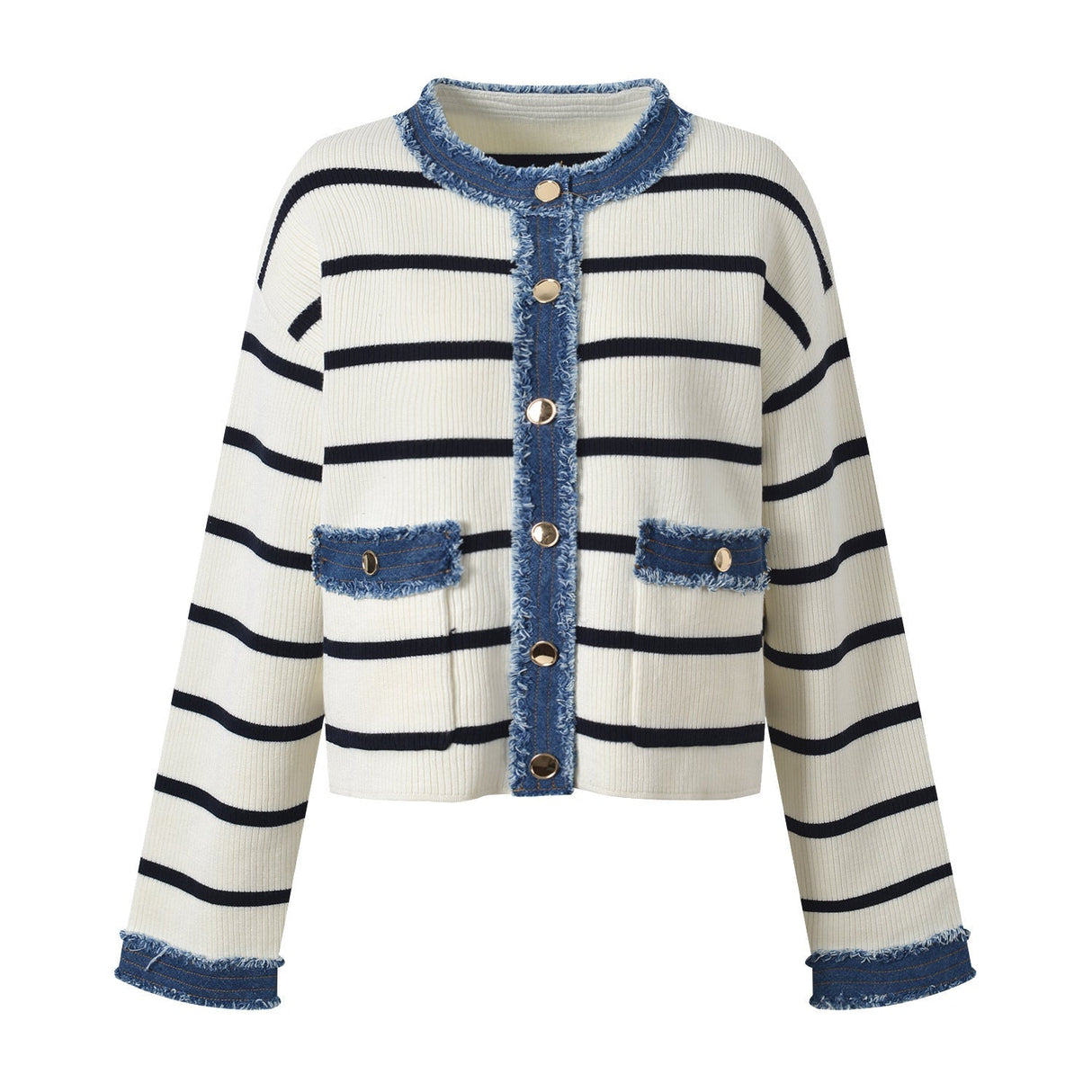 April Cardigan Cropped Striped Top - Relaxed Boxy Fit with Denim Accents and Frayed Edges