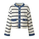 April Cardigan Cropped Striped Top - Relaxed Boxy Fit with Denim Accents and Frayed Edges