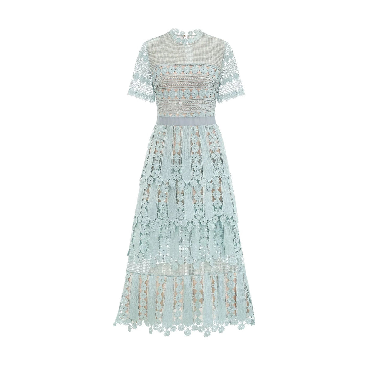 April Midi Dress Green Floral Embroidered Tiered Design & Cut - Out