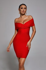 April Red Off-Shoulder Elegance Dress with Bust Detailing