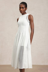 April White Lace Sleeveless Dress Mid Calf Formal Casual Elegant