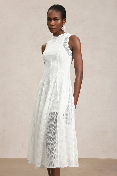 April White Lace Sleeveless Dress Mid Calf Formal Casual Elegant