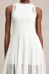 April White Lace Sleeveless Dress with Round Neckline and Sheer Overlay