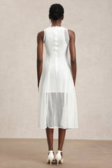 April White Lace Sleeveless Dress with Round Neckline and Sheer Overlay