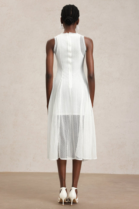 April White Lace Sleeveless Dress with Round Neckline and Sheer Overlay