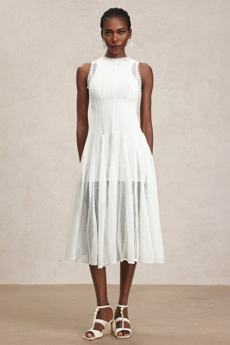April White Lace Sleeveless Mid-Calf Dress for Women