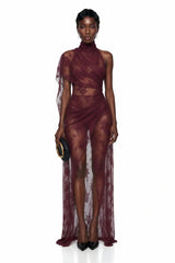 Arabella Burgundy High Neck Lace Maxi Dress