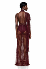 Arabella Burgundy High Neck Lace Maxi Dress