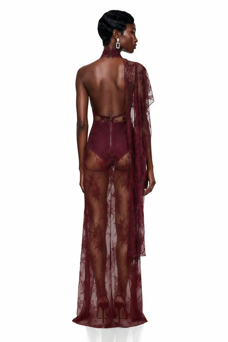 Arabella Burgundy High Neck Lace Maxi Dress