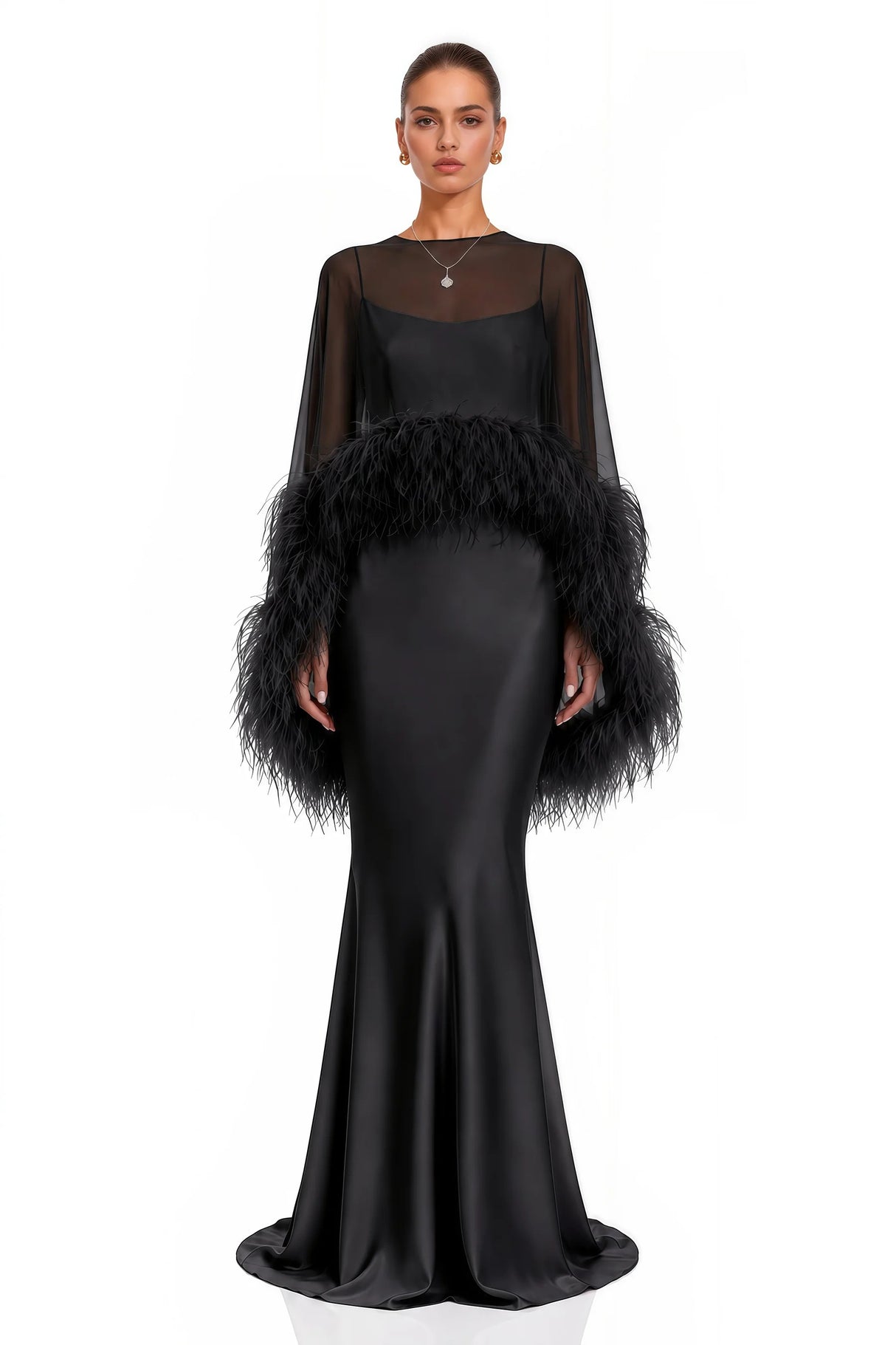Araminta Black Maxi Dress  Shawl Set with Feather Trim