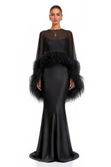 Araminta Black Maxi Dress  Shawl Set with Feather Trim