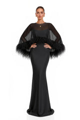 Araminta Black Maxi Dress  Shawl Set with Feather Trim