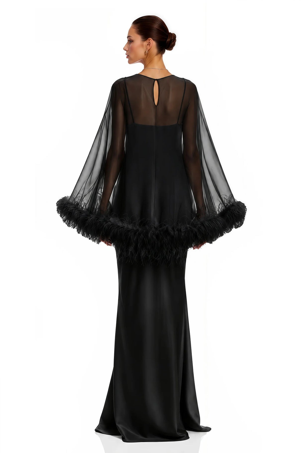 Araminta Black Maxi Dress  Shawl Set with Feather Trim