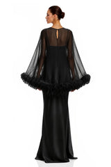 Araminta Black Maxi Dress  Shawl Set with Feather Trim