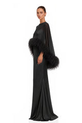 Araminta Black Maxi Dress  Shawl Set with Feather Trim
