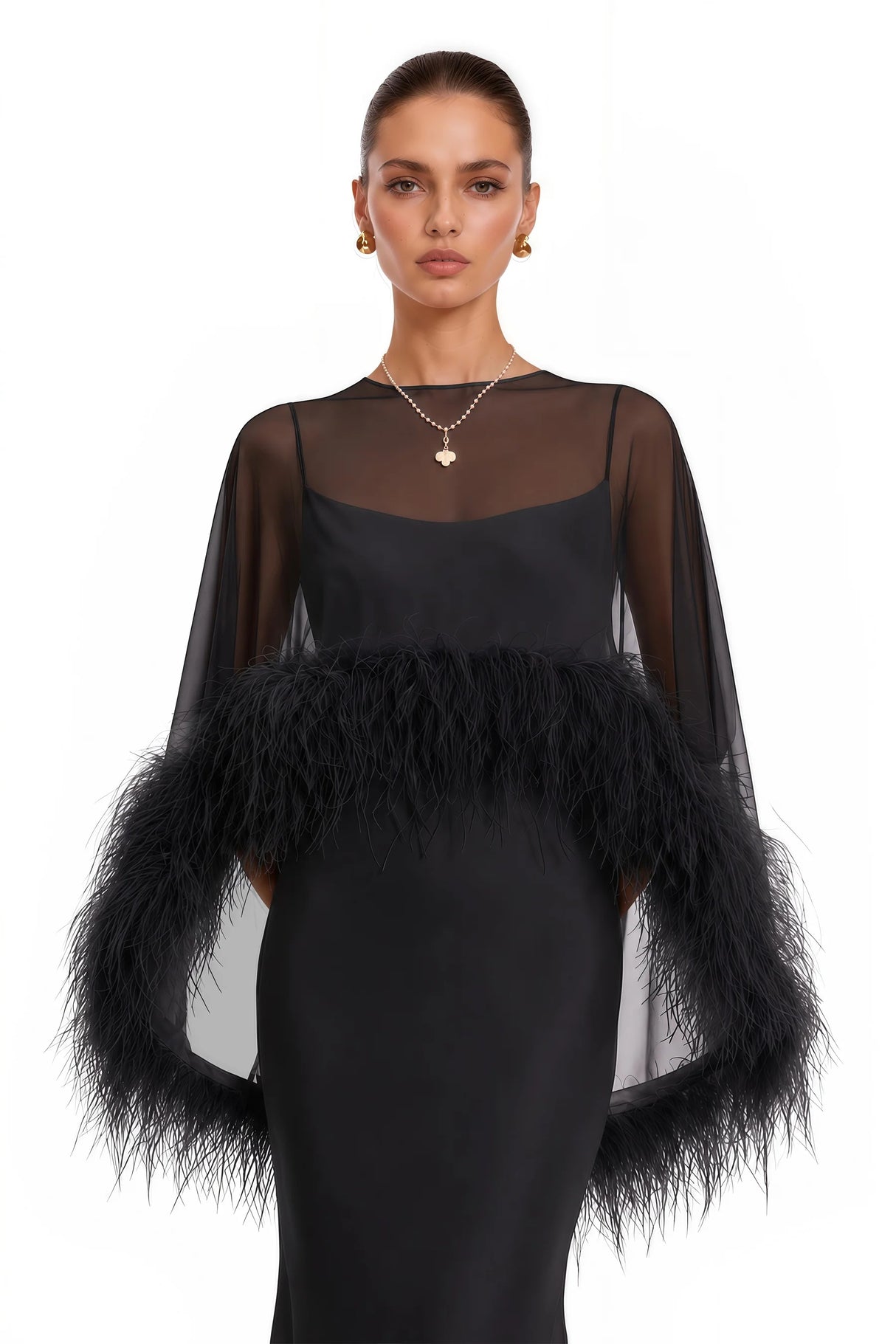 Araminta Black Maxi Dress  Shawl Set with Feather Trim