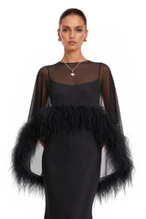 Araminta Black Maxi Dress  Shawl Set with Feather Trim