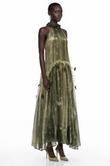 Areta Green Pleated Maxi Dress with Feather Trim