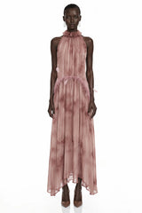 Areta Pink Pleated Maxi Dress with Feather Trim