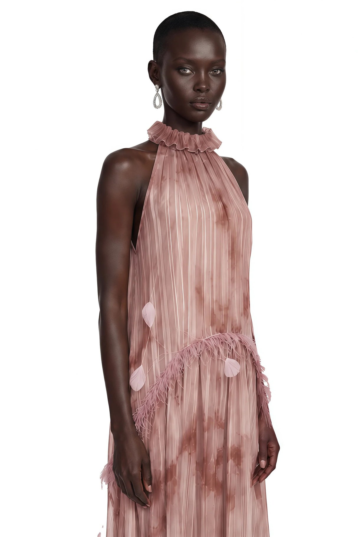 Areta Pink Pleated Maxi Dress with Feather Trim