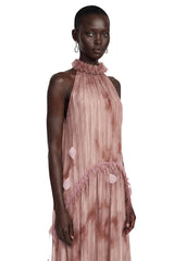 Areta Pink Pleated Maxi Dress with Feather Trim