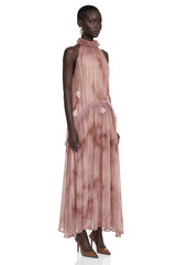 Areta Pink Pleated Maxi Dress with Feather Trim