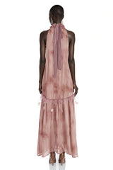 Areta Pink Pleated Maxi Dress with Feather Trim