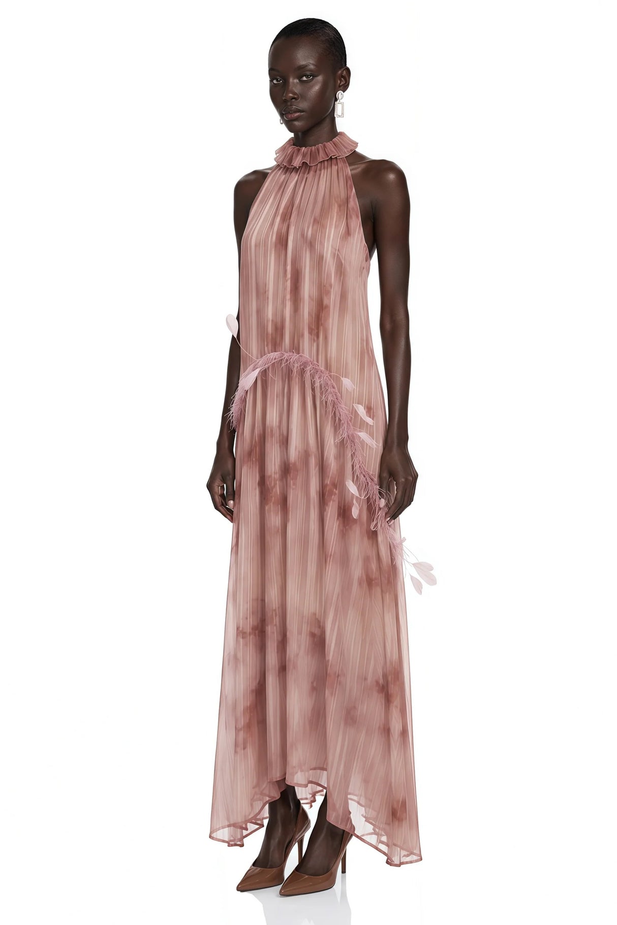 Areta Pink Pleated Maxi Dress with Feather Trim