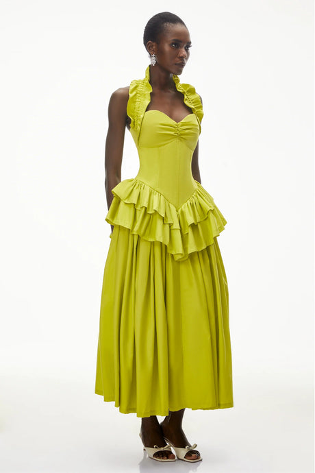 Arezoo Green Mock Neck Ruffled Midi Dress