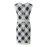 Argyle Dress - Fitted Bodycon Silhouette - Argyle Pattern With Pockets - Tailored Fit - Vintage Elegant Styling - Golden Button Accents
