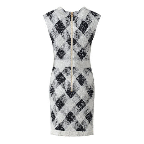 Argyle Dress - Fitted Bodycon Silhouette - Argyle Pattern With Pockets - Tailored Fit - Vintage Elegant Styling - Golden Button Accents