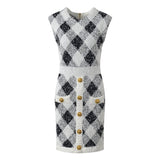 Argyle Dress - Fitted Bodycon Silhouette - Argyle Pattern With Pockets - Tailored Fit - Vintage Elegant Styling - Golden Button Accents