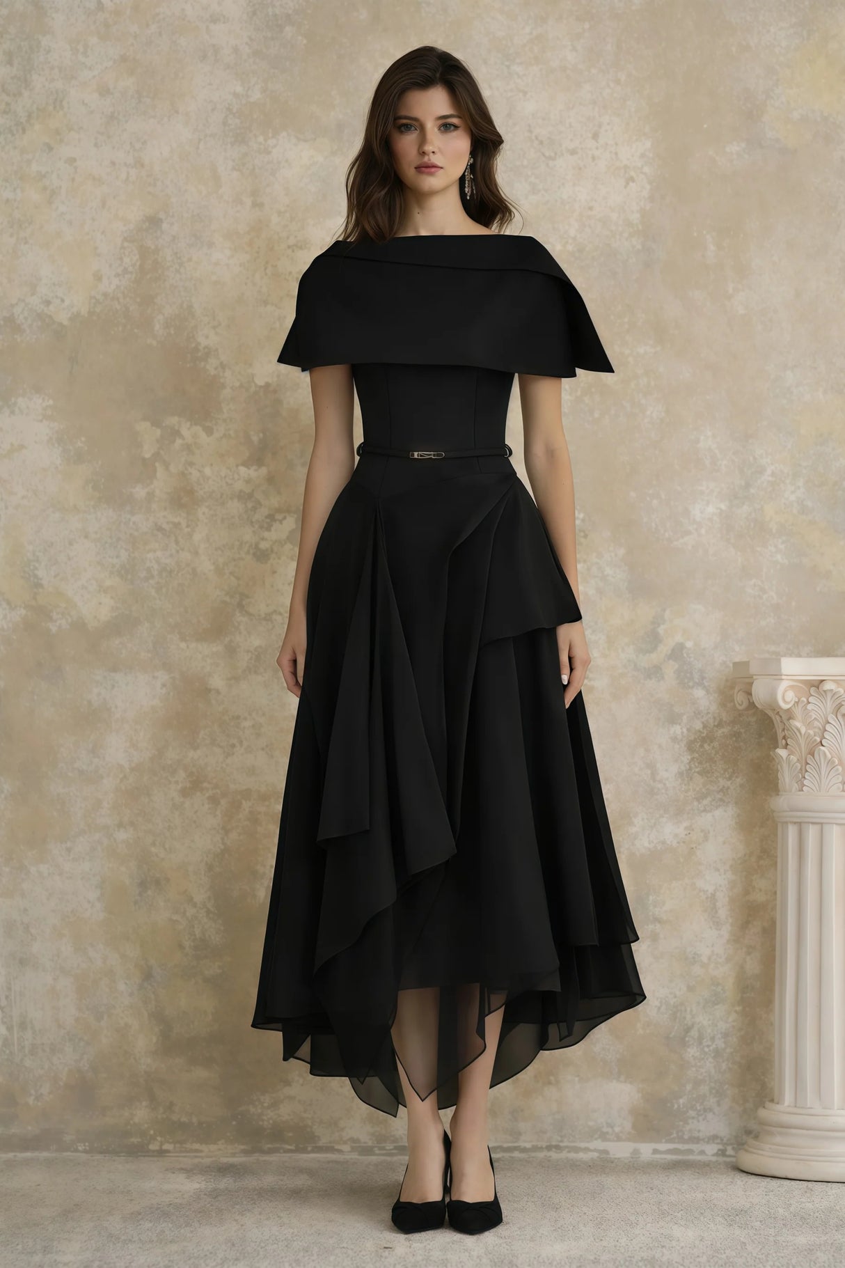 Aria Black Asymmetrical Shawl  Tulle Panel Dress Set