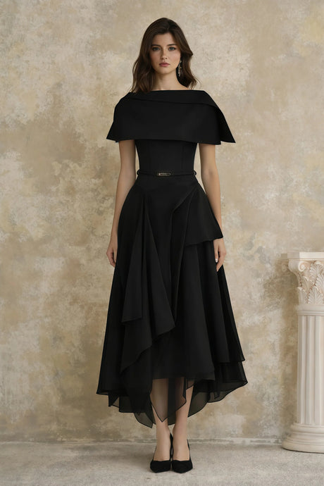 Aria Black Asymmetrical Shawl  Tulle Panel Dress Set