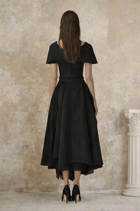 Aria Black Asymmetrical Shawl  Tulle Panel Dress Set