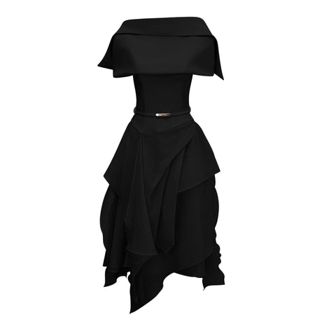 Aria Black Asymmetrical Shawl  Tulle Panel Dress Set