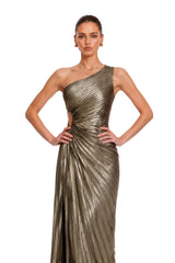 Aria Bronze One Shoulder Pleated Maxi Dress