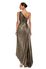 Aria Bronze One Shoulder Pleated Maxi Dress