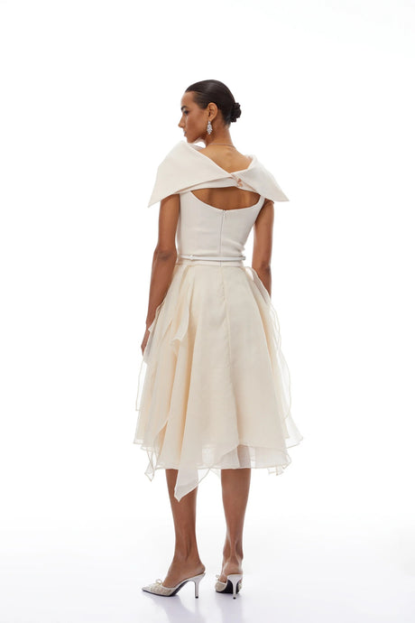 Aria White Asymmetrical Shawl  Tulle Panel Dress Set