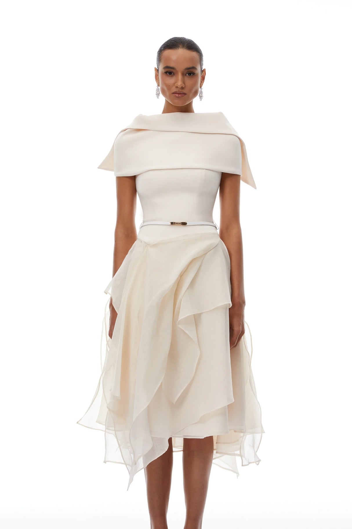 Aria White Asymmetrical Shawl  Tulle Panel Dress Set