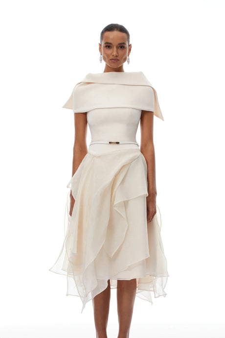 Aria White Asymmetrical Shawl  Tulle Panel Dress Set