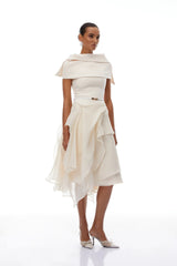 Aria White Asymmetrical Shawl  Tulle Panel Dress Set